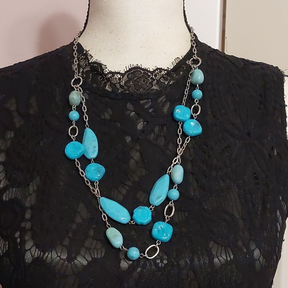 Isadora Faux Turquoise Silver Tone Multi Layered  Necklace